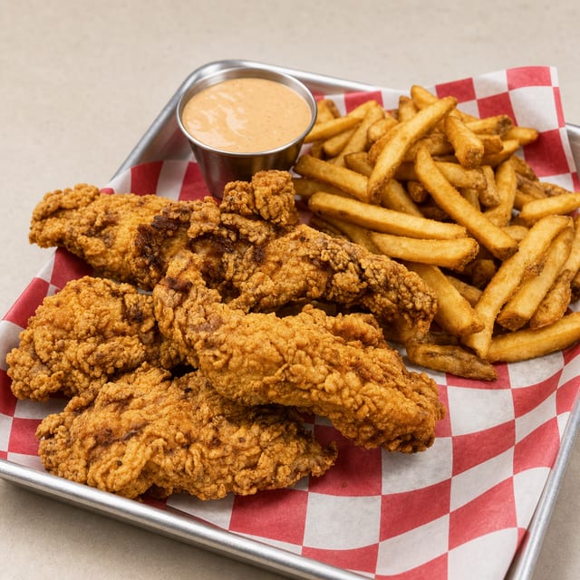 Chicken Tenders w/Fries & No1 Sauce.