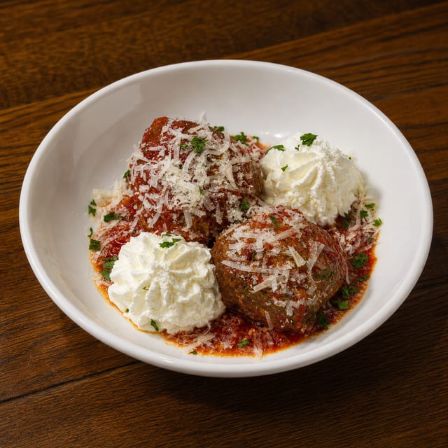 Jumbo meatballs and ricotta.