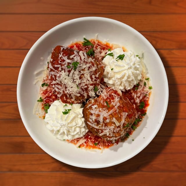 Jumbo meatballs and ricotta.